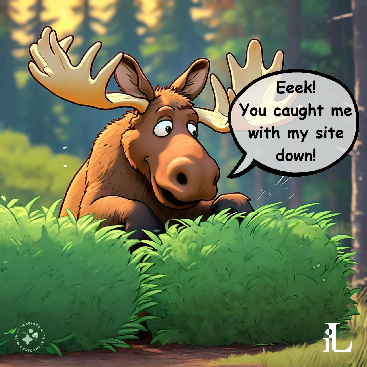 A cartoon moose hiding behind a bush with an embarrassed look on his face.